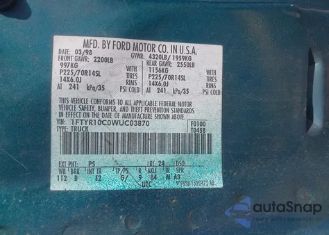 1998 Ford Ranger Splash/Xl/Xlt z USA, uszkodzony, nr VIN 1FTYR10C0WUC03870